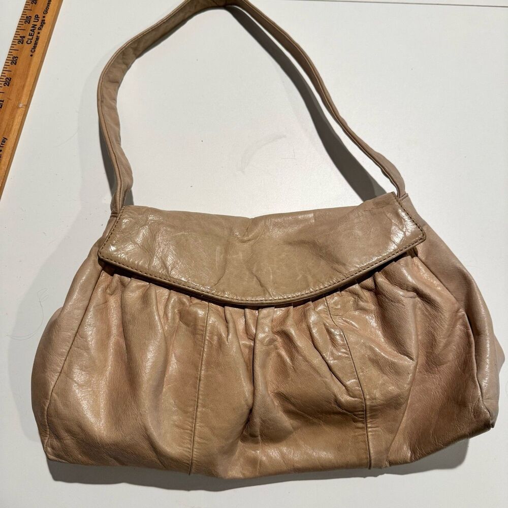 Tan Leather Hobo Shoulder Bag Pleated Flap Purse Soft Handbag